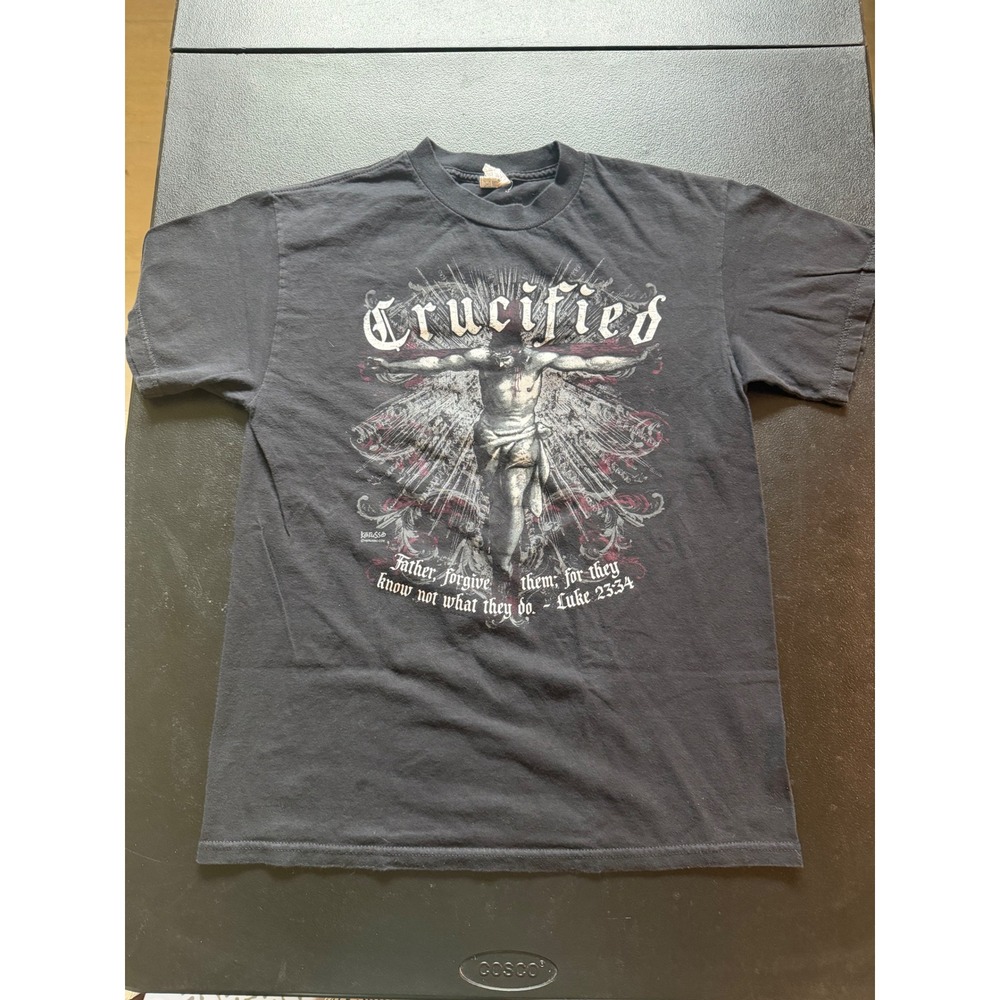 Y2K Kerusso Crucified Christian T-Shirt Black Luke 23:34 Graphic Tee Mens Medium